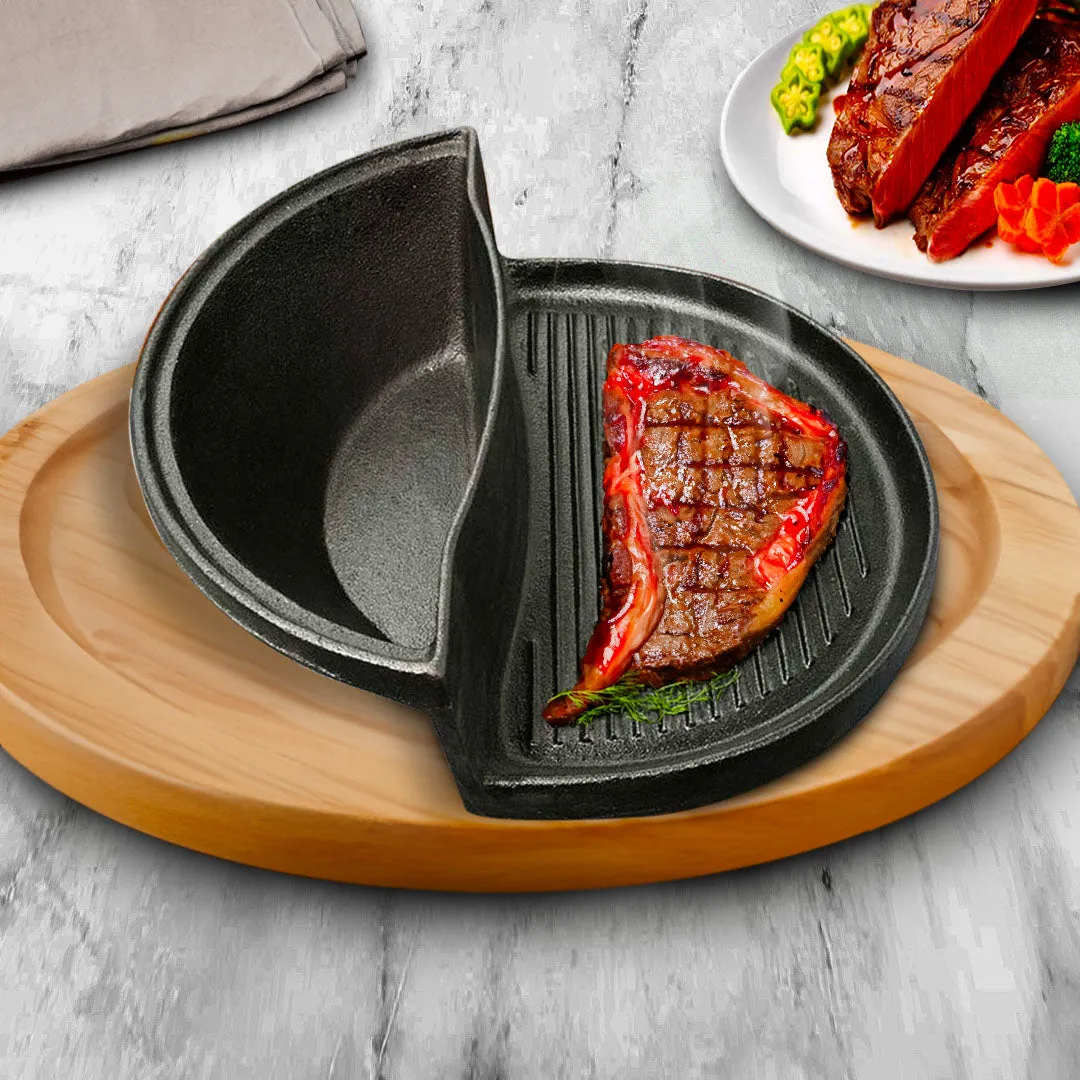 1 PC 2 in 1 Cast Iron Ribbed Fry Pan Skillet Griddle BBQ and Steamboat Hot Pot