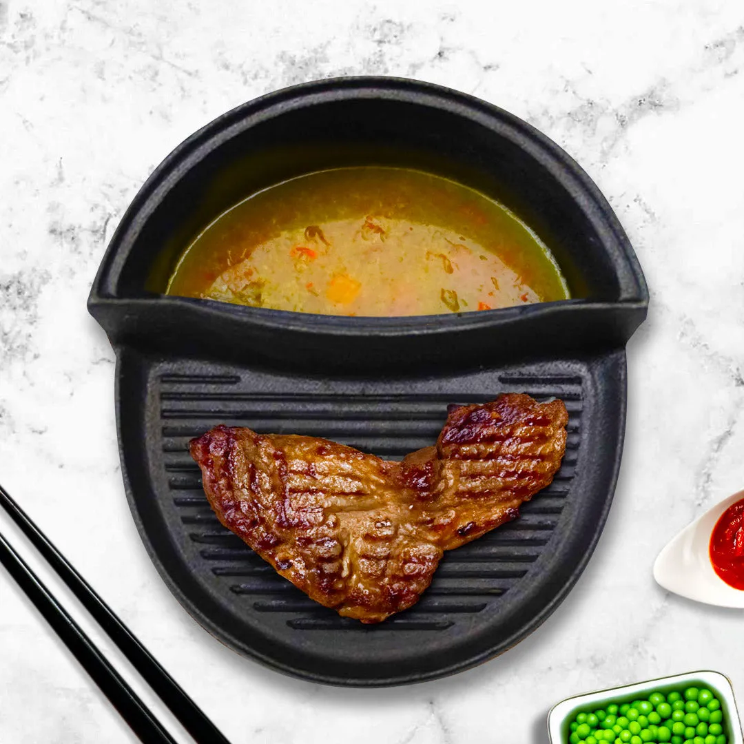 1 PC 2 in 1 Cast Iron Ribbed Fry Pan Skillet Griddle BBQ and Steamboat Hot Pot