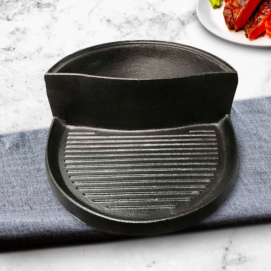 1 PC 2 in 1 Cast Iron Ribbed Fry Pan Skillet Griddle BBQ and Steamboat Hot Pot