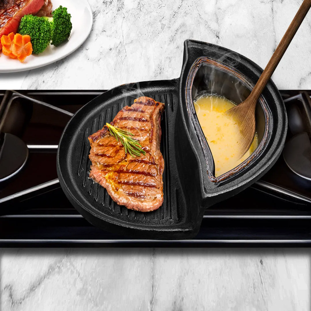 1 PC 2 in 1 Cast Iron Ribbed Fry Pan Skillet Griddle BBQ and Steamboat Hot Pot