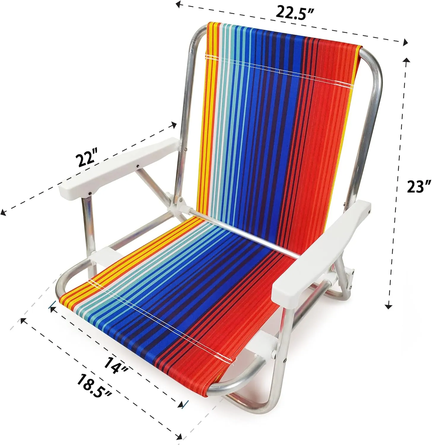 1 Position Aluminum Folding Sand Chair with Armrests - Lightweight Beach Chair - Small and Portable (2 Pack, Blue-Red Stripes)