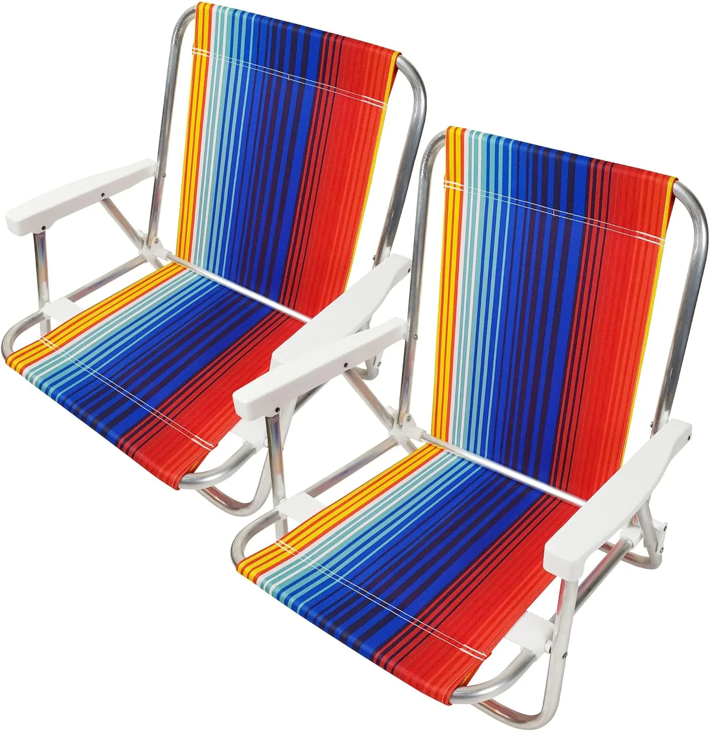 1 Position Aluminum Folding Sand Chair with Armrests - Lightweight Beach Chair - Small and Portable (2 Pack, Blue-Red Stripes)