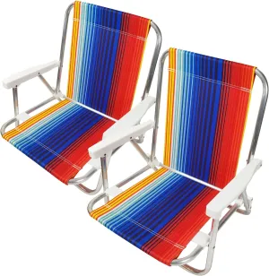 1 Position Aluminum Folding Sand Chair with Armrests - Lightweight Beach Chair - Small and Portable (2 Pack, Blue-Red Stripes)