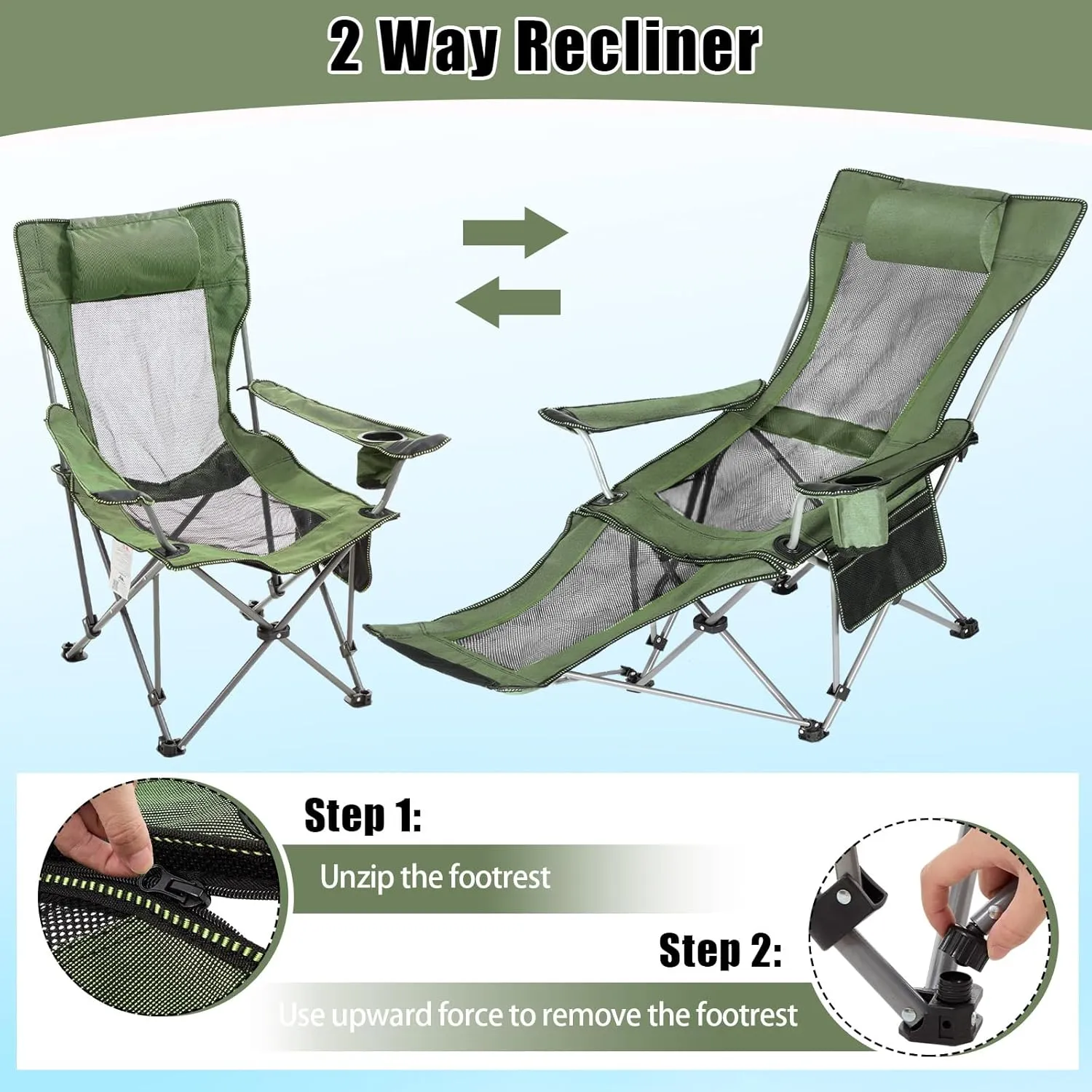 1 Set Reclining Camping Chairs with Removable Umbrella Folding Recline Camp Chairs for Outdoor(Green)