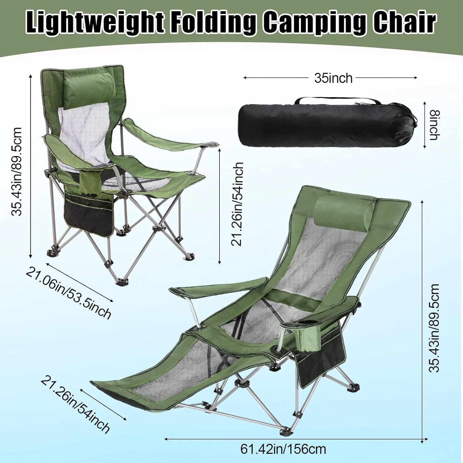 1 Set Reclining Camping Chairs with Removable Umbrella Folding Recline Camp Chairs for Outdoor(Green)