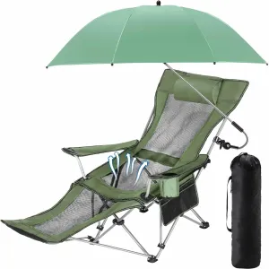 1 Set Reclining Camping Chairs with Removable Umbrella Folding Recline Camp Chairs for Outdoor(Green)