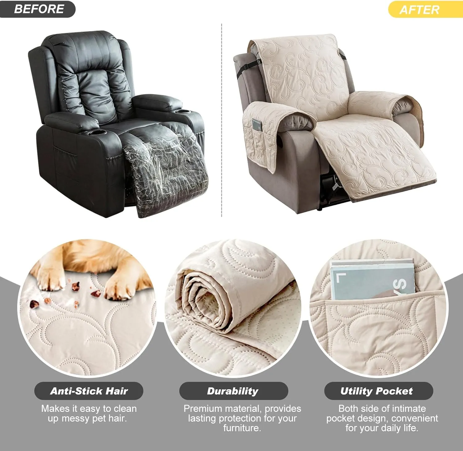 100% Waterproof Recliner Chair Cover, Recliner Chair Covers for Reclining Chair, Non-Slip Fabric Recliner Couch Cover for Living Room, for Pets Kids Protector, Washable (Beige, 23"Recliner Chair)
