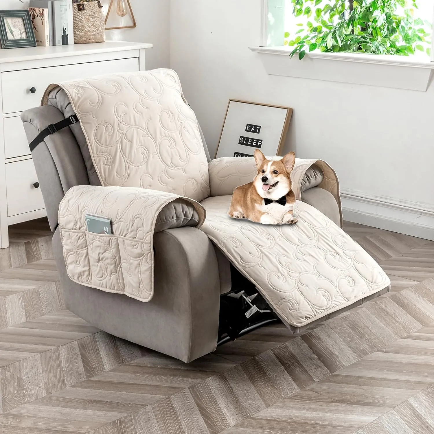 100% Waterproof Recliner Chair Cover, Recliner Chair Covers for Reclining Chair, Non-Slip Fabric Recliner Couch Cover for Living Room, for Pets Kids Protector, Washable (Beige, 23"Recliner Chair)