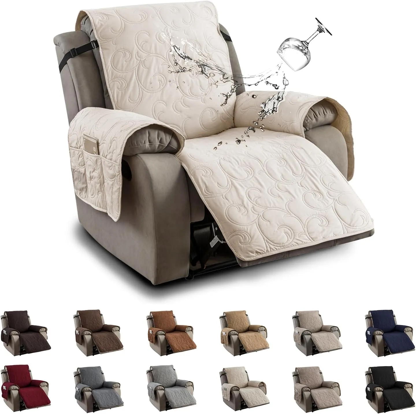 100% Waterproof Recliner Chair Cover, Recliner Chair Covers for Reclining Chair, Non-Slip Fabric Recliner Couch Cover for Living Room, for Pets Kids Protector, Washable (Beige, 23"Recliner Chair)