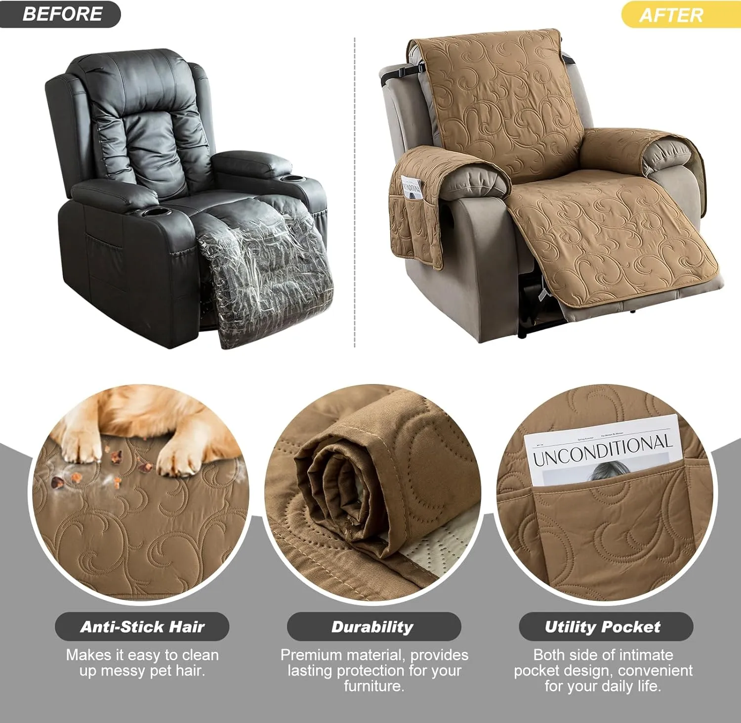 100% Waterproof Recliner Chair Cover, Recliner Chair Covers for Reclining Chair, Non-Slip Fabric Recliner Couch Cover for Living Room, for Pets Kids Protector, Washable (Camel, 23"Recliner Chair)