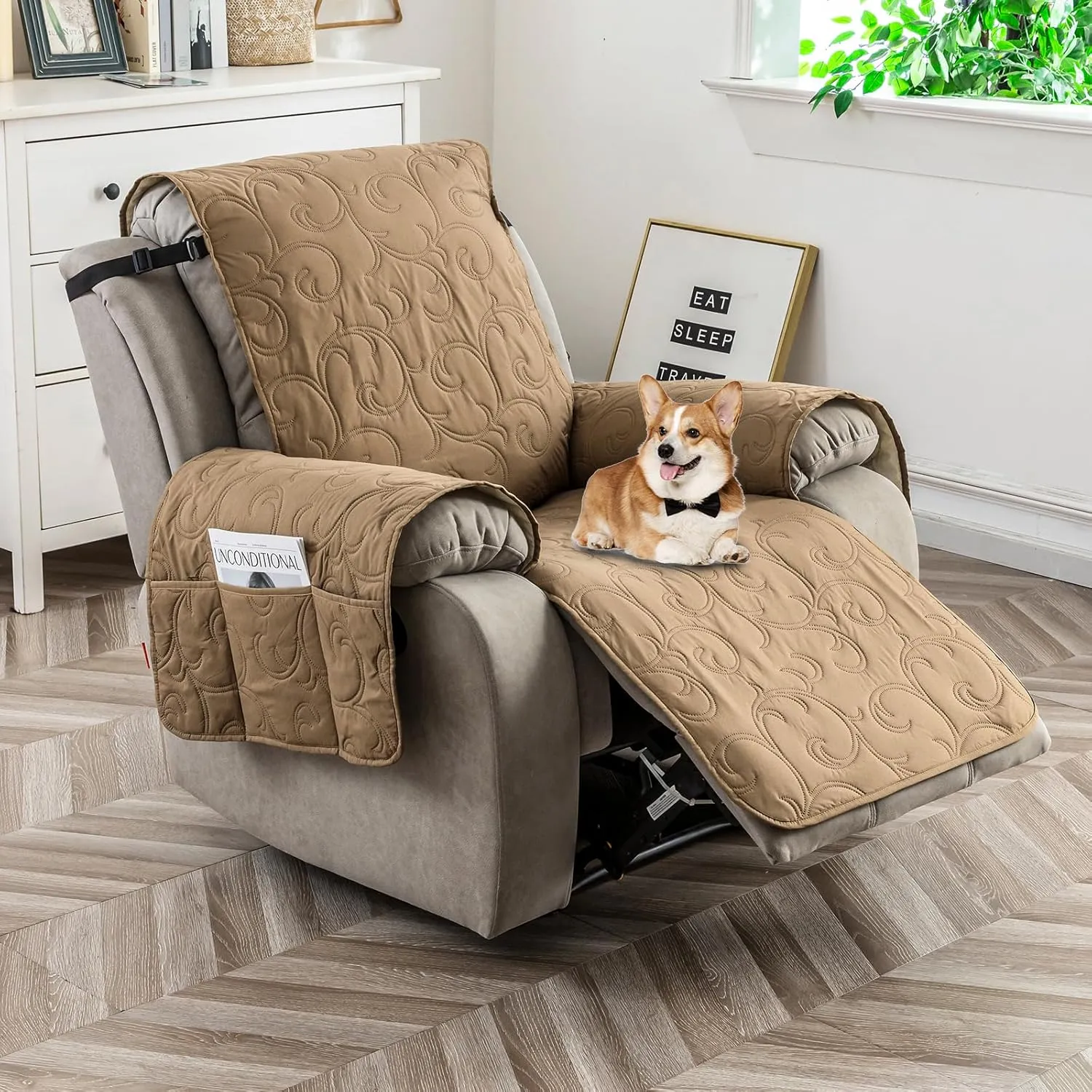 100% Waterproof Recliner Chair Cover, Recliner Chair Covers for Reclining Chair, Non-Slip Fabric Recliner Couch Cover for Living Room, for Pets Kids Protector, Washable (Camel, 23"Recliner Chair)