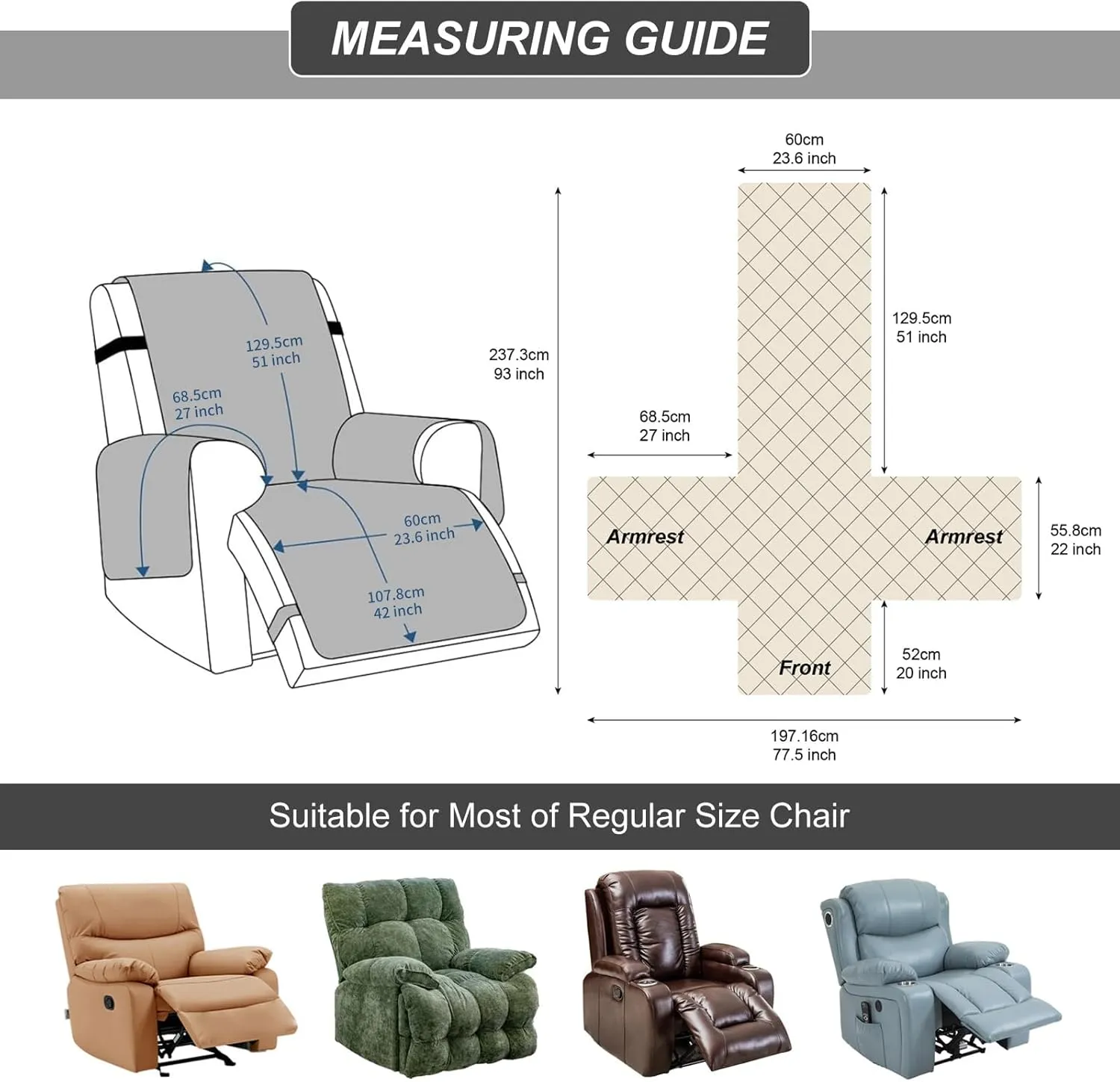 100% Waterproof Recliner Chair Cover, Recliner Chair Covers for Reclining Chair, Non-Slip Fabric Recliner Couch Cover for Living Room, for Pets Kids Protector, Washable (Camel, 23"Recliner Chair)