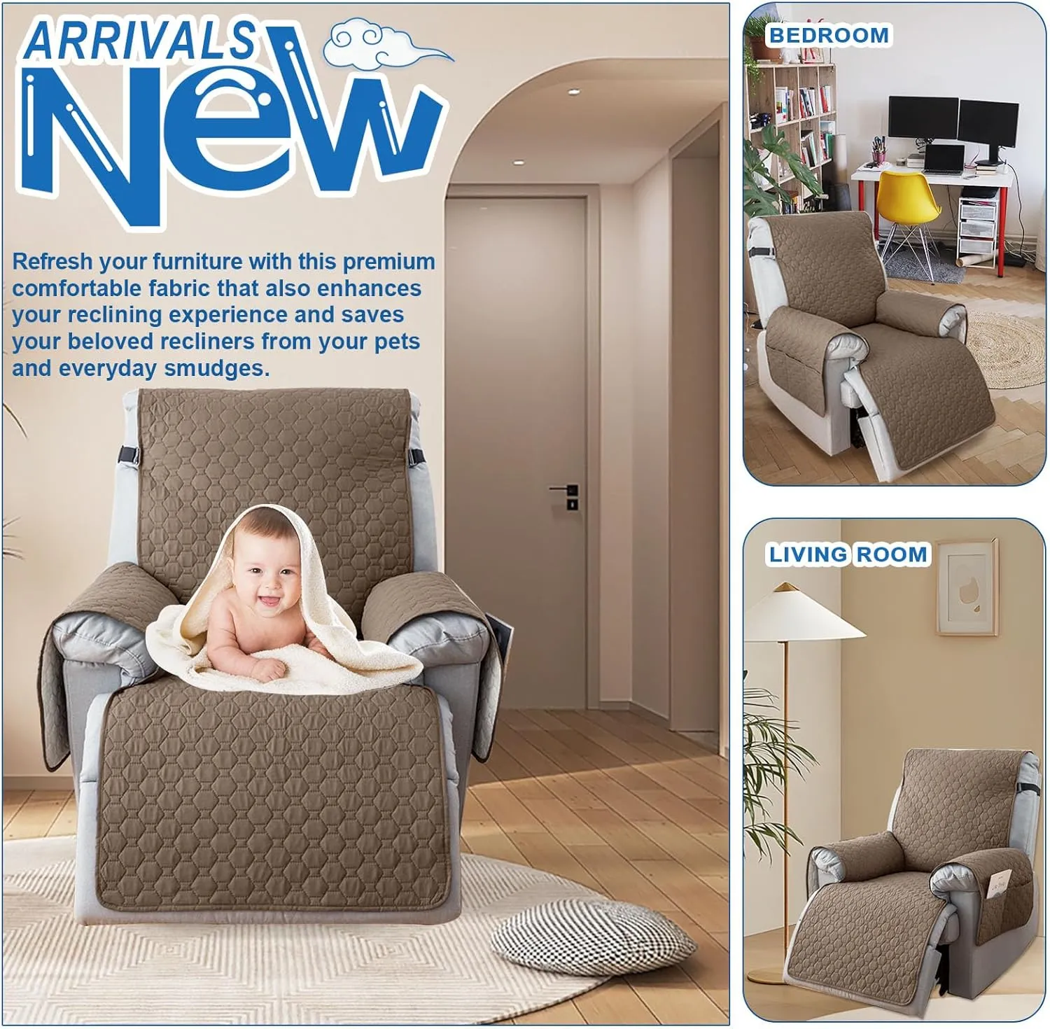 100% Waterproof Recliner Chair Covers That Stay in Place, Non-Slip Recliner Cover with 5 Pockets, Elastic Straps, Washable Reclining Chair Protector for Kids, Pets, Dogs, Khaki