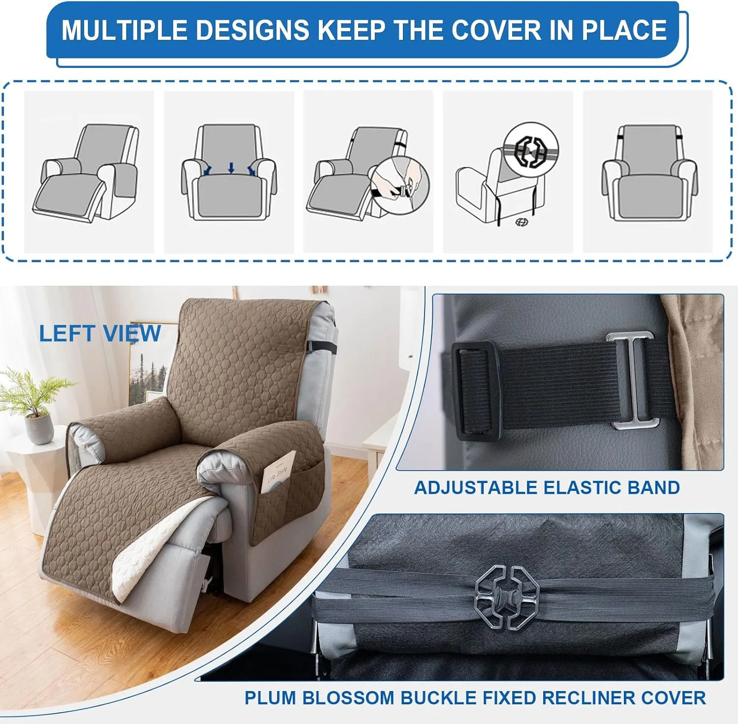 100% Waterproof Recliner Chair Covers That Stay in Place, Non-Slip Recliner Cover with 5 Pockets, Elastic Straps, Washable Reclining Chair Protector for Kids, Pets, Dogs, Khaki