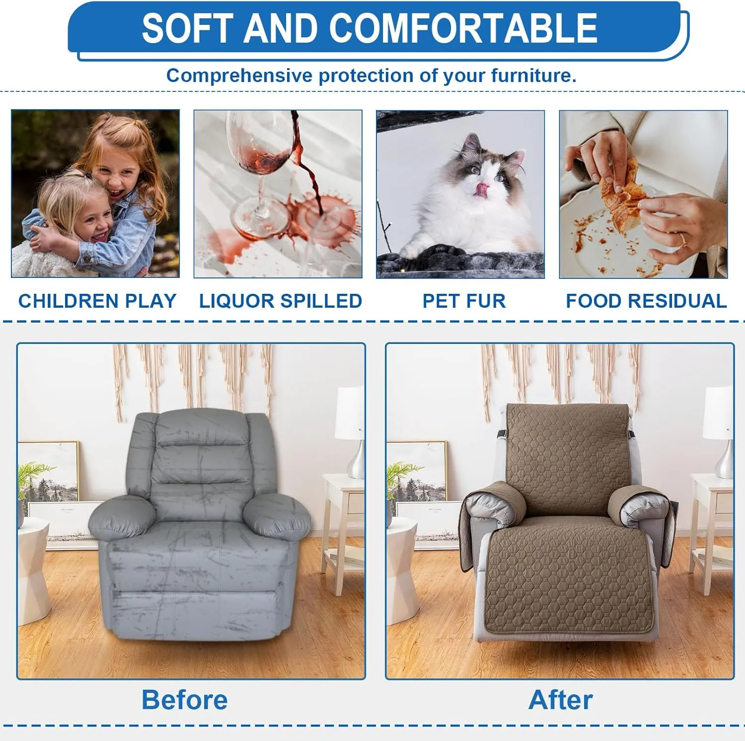 100% Waterproof Recliner Chair Covers That Stay in Place, Non-Slip Recliner Cover with 5 Pockets, Elastic Straps, Washable Reclining Chair Protector for Kids, Pets, Dogs, Khaki