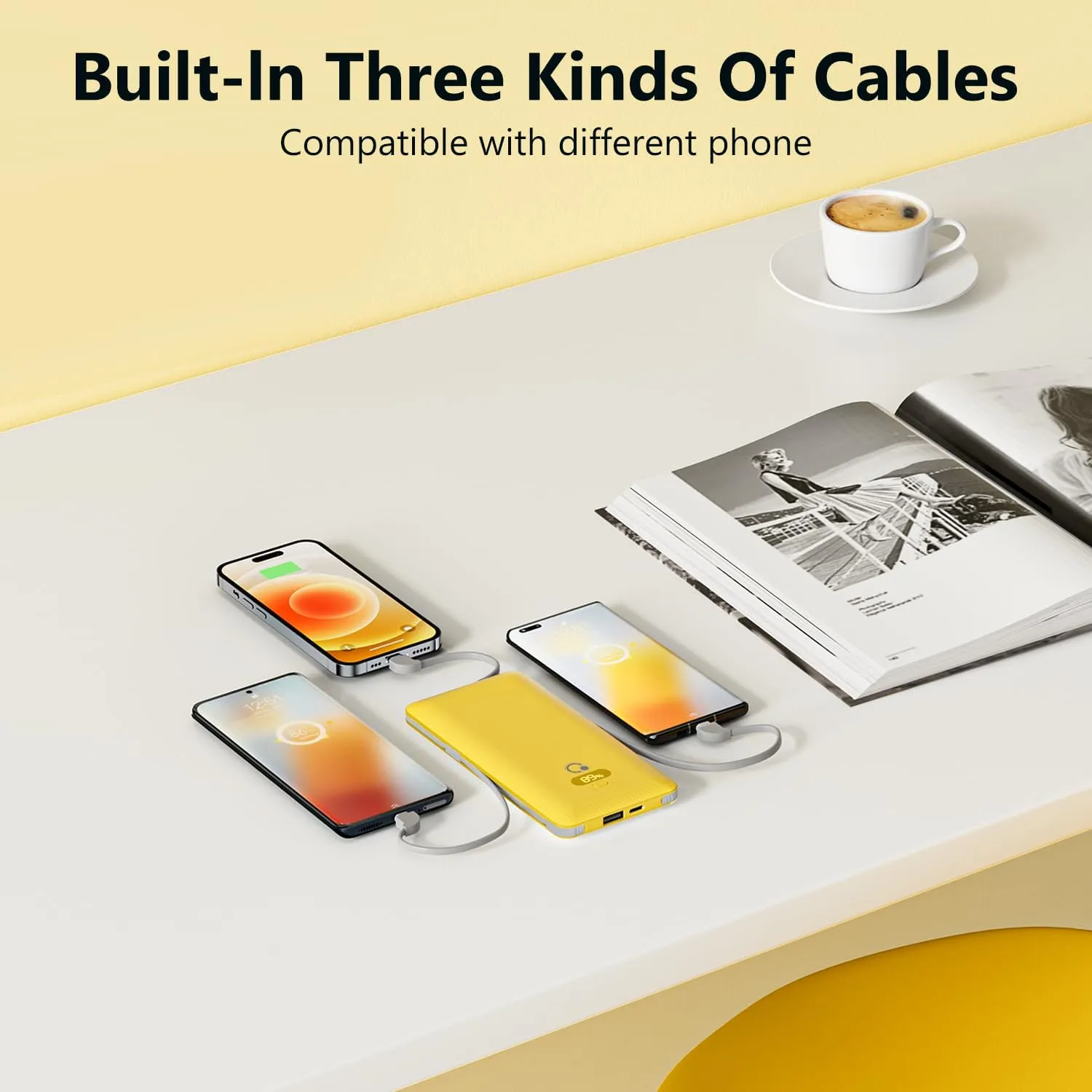 10000mAh Portable Charger with Built-in Cables and AC Wall Plug, USB C Fast Charging Power Bank with 3 Cords,5 Output External Battery Pack Compatible with iPhone,Tablet and All Smart Phones Yellow