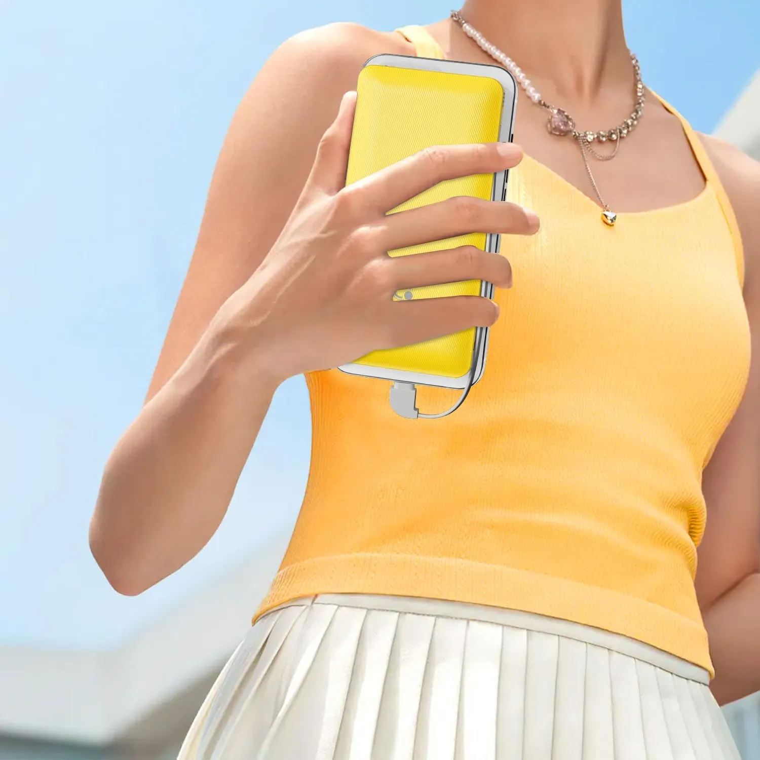10000mAh Portable Charger with Built-in Cables and AC Wall Plug, USB C Fast Charging Power Bank with 3 Cords,5 Output External Battery Pack Compatible with iPhone,Tablet and All Smart Phones Yellow