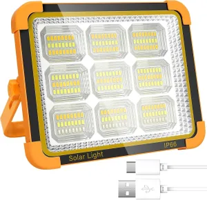 100W Solar LED Rechargeable Work Light - Solar Battery Powered LED Worklight with 5 Modes - IP66 Waterproof Battery Powered Power Bank Light for Emergency, Outdoor, Car Repairing, Camping