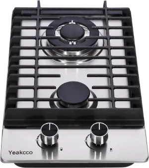 12 Inch Dual Fuel Gas Hob, Built-in 2 Burners Stainless Steel Stovetop, Propane/Natural Gas Convertible for RVs, Apartments, Outdoor