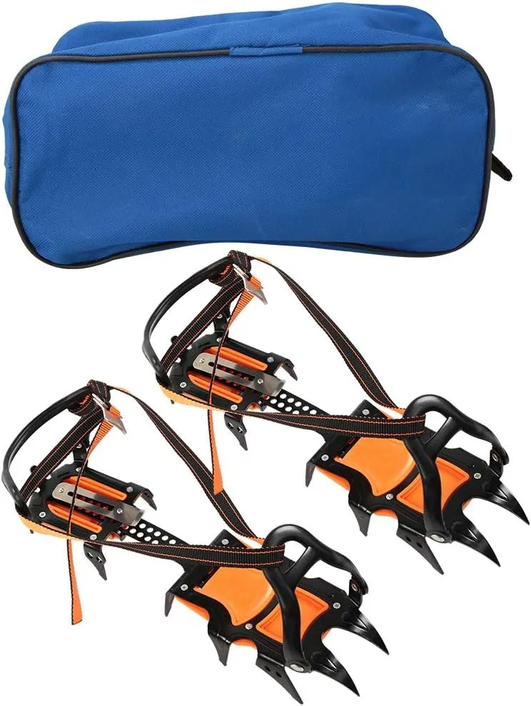 12 Toothed Spring Claw Crampons Non Slip Ski Ice Shoes Cover for Outdoor Winter Hiking Climbing Black Orange