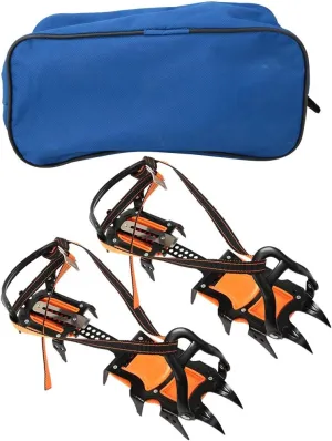 12 Toothed Spring Claw Crampons Non Slip Ski Ice Shoes Cover for Outdoor Winter Hiking Climbing Black Orange