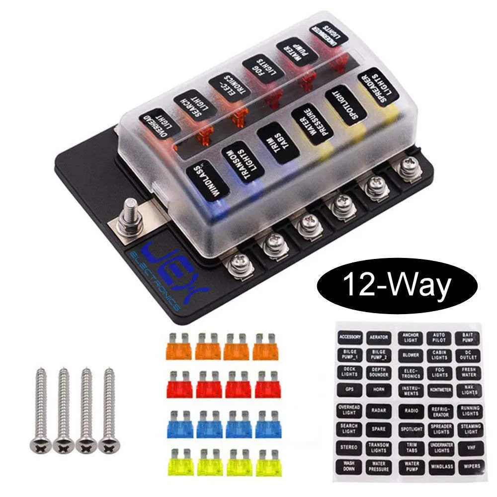 12-Way Fuse Box ATC ATO Blade Fuse Holder Power Block for Car RV Trailer Boat 12V