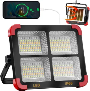 120W Solar Rechargeable LED Work Light - 288 LED Portable Flood Light with Stand, IP66 Waterproof Power Bank 5 Modes Outdoor Lamp for Camping, Car Repairs, Job Site Lighting & Emergencies