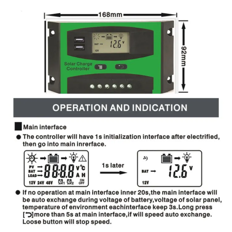 12V/24V Solar Charge And Discharge Controller Dual USB Port LCD Solar Cells Panel Charge Regulator, 10A, 20A, 30A