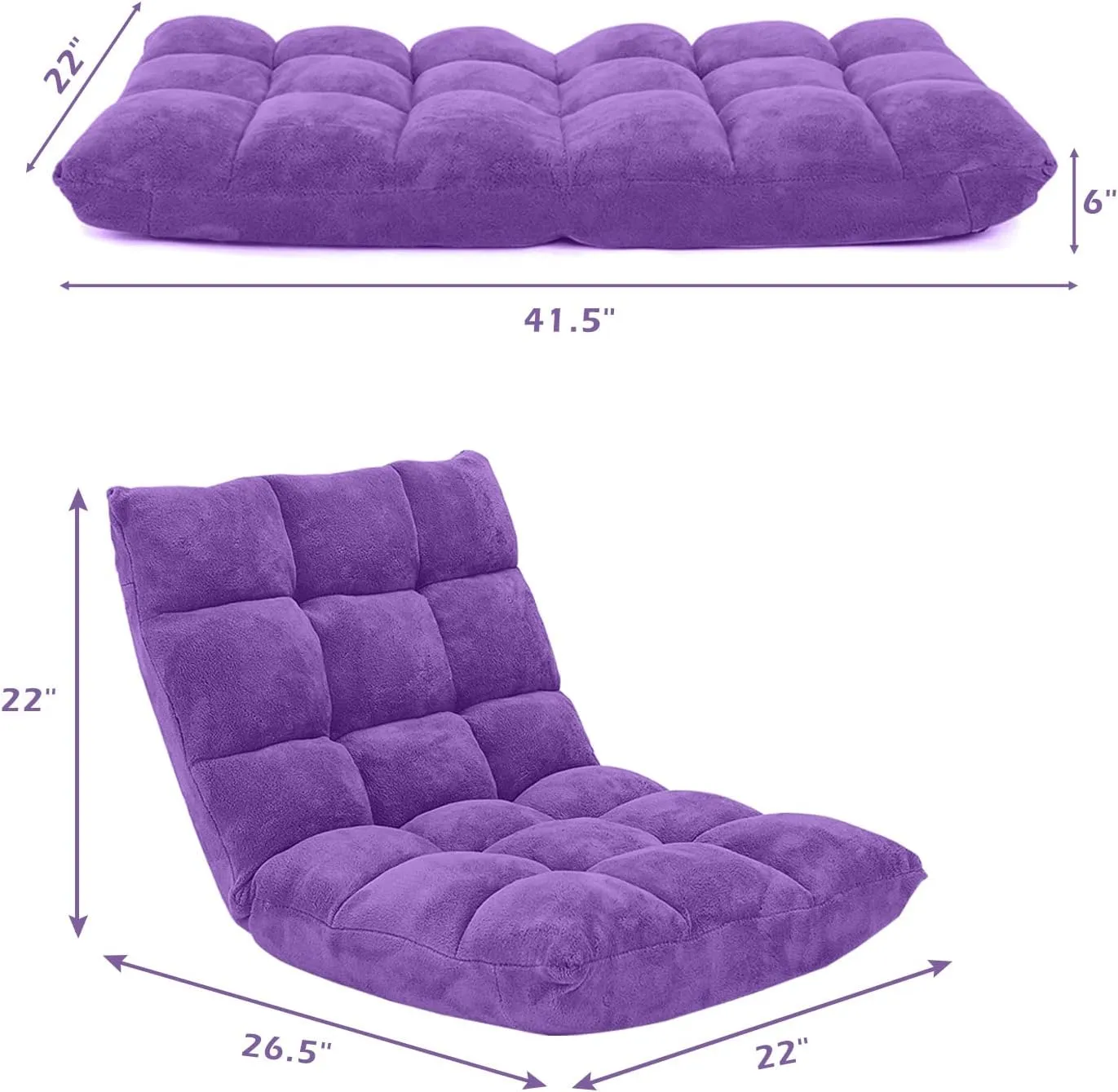 14-Position Adjustable Floor Chair, Folding Gaming Sofa Chair with Back Support, Padded Floor Gaming Chair for Adults, Sleeper Lounge Couch Recliner for Reading Gaming Meditation (Purple)