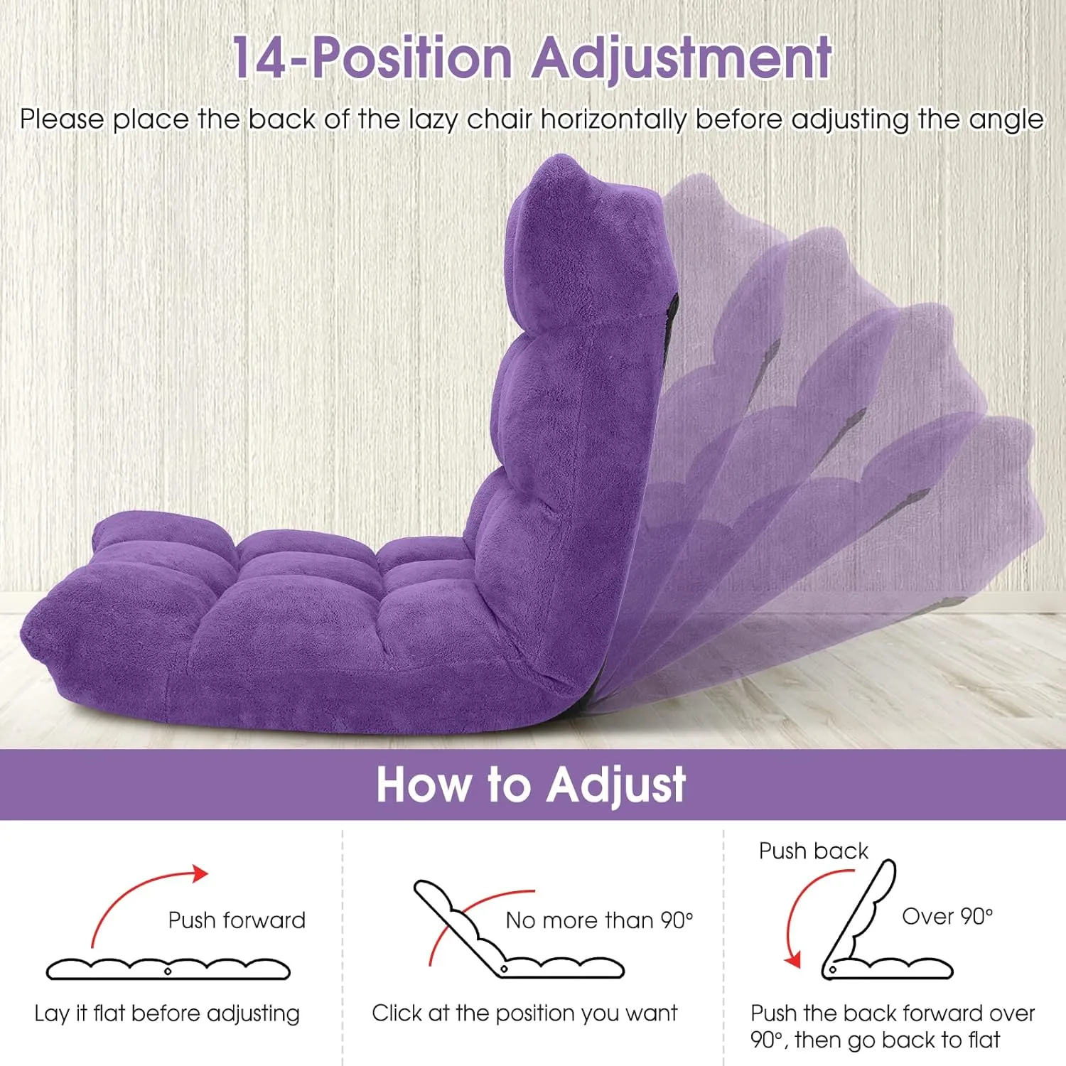 14-Position Adjustable Floor Chair, Folding Gaming Sofa Chair with Back Support, Padded Floor Gaming Chair for Adults, Sleeper Lounge Couch Recliner for Reading Gaming Meditation (Purple)