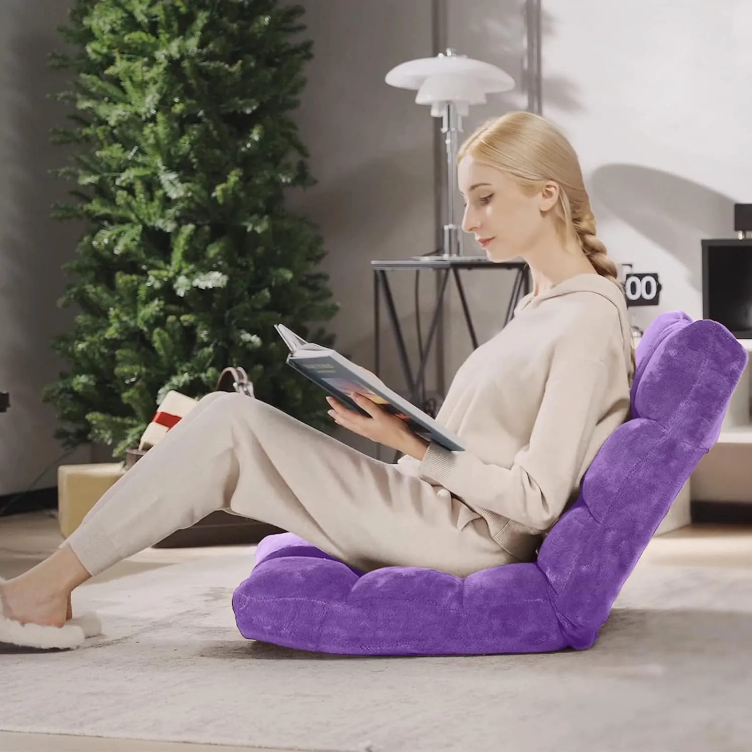 14-Position Adjustable Floor Chair, Folding Gaming Sofa Chair with Back Support, Padded Floor Gaming Chair for Adults, Sleeper Lounge Couch Recliner for Reading Gaming Meditation (Purple)
