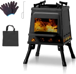 14x14x18in Portable Wood Burning Camping Stove Set, Camping Backpacking Stove Folding Wood Stove for Outdoor Cooking Hiking Camping Picnic Stove with Storage Bag, firewood hook, gloves, Black