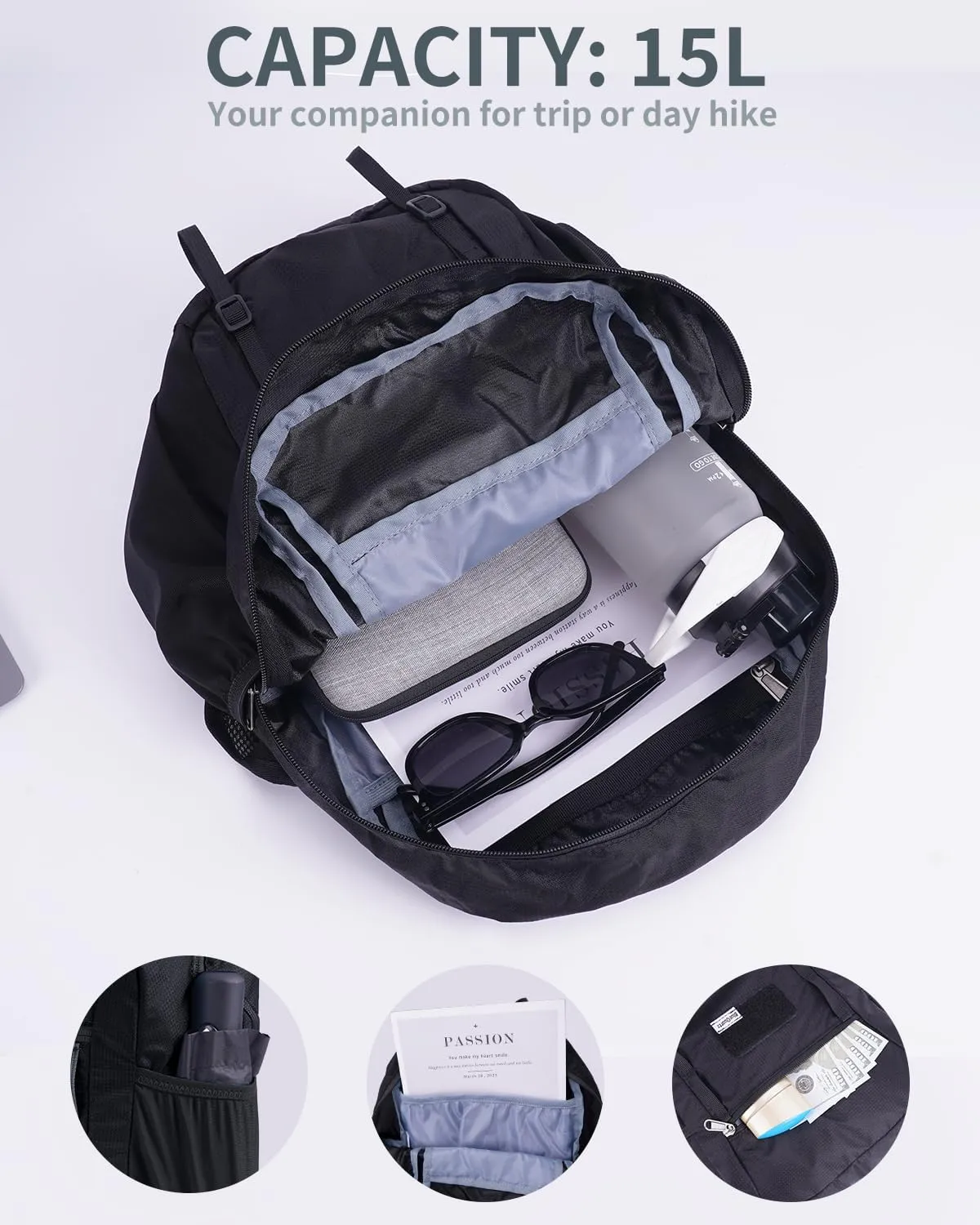 15L Small Hiking Backpack with Soft Flask, Ultralight Hiking Daypack with Chest Pockets for Phone Sternum Straps, Lightweight Foldable Packable Back Pack for Women Men(patent pending)