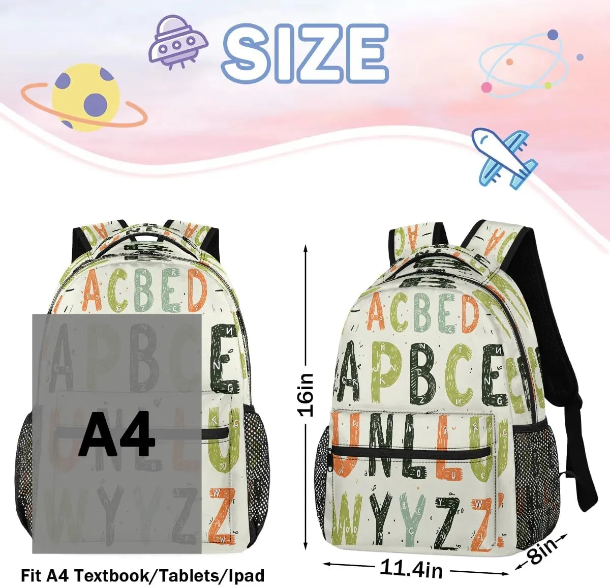 16 Inch Backpack Alphabet Chart Retro Waterproof Lightweight Travel Back Pack Adjustable Casual Rucksack For Men Women Daypack Fits Travel Outdoor Sport Work Hiking Gym Gifts