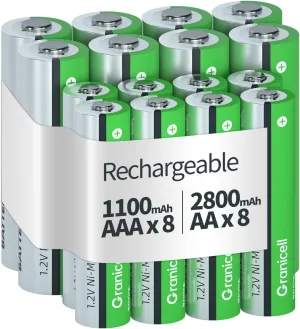 16 Sets AA AAA Rechargeable Batteries,High Capacity 8-Pack AA 2800mAh & 8-Pack AAA 1100mAh,1.2V NiMH Low Self Discharge