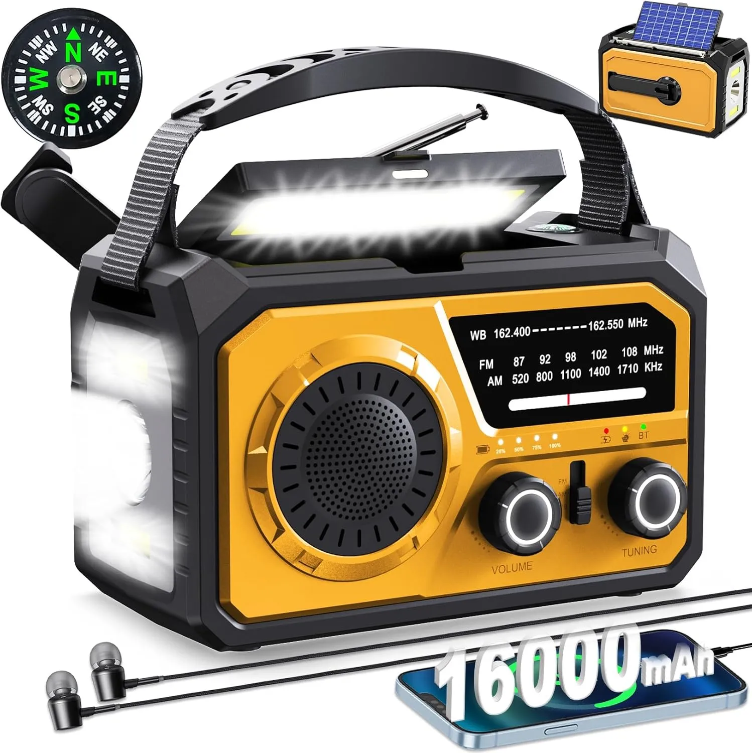 16000mAh Hand Crank Emergency Weather Radio with Wireless Speaker, 59200mWh NOAA AM FM Solar Radio with Flashlight Cell Phone Charger Reading Lamp Compass SOS for Camping and Survival (Orange)