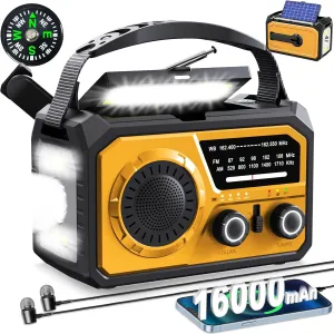 16000mAh Hand Crank Emergency Weather Radio with Wireless Speaker, 59200mWh NOAA AM FM Solar Radio with Flashlight Cell Phone Charger Reading Lamp Compass SOS for Camping and Survival (Orange)