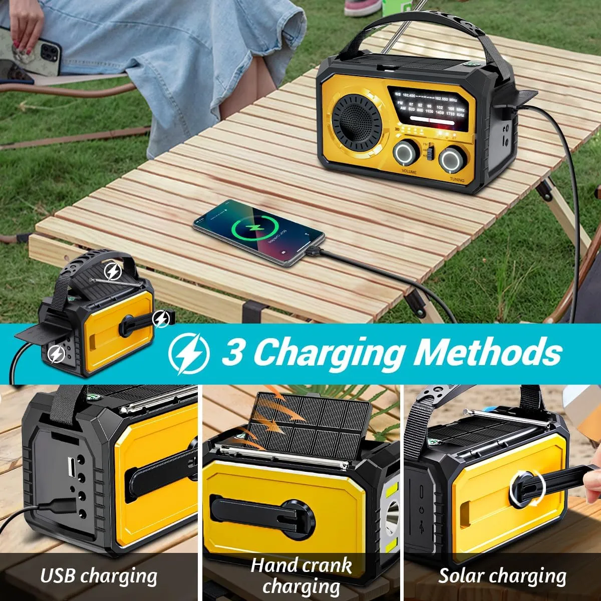 16000mAh/59200mWh Solar Crank Emergency Radio - Wireless NOAA AM/FM Weather Radio with USB-C/Type-C Charging, 3-Light Modes, SOS Alarm, Compass & Power Bank for Camping Survival Outdoor Emergencies