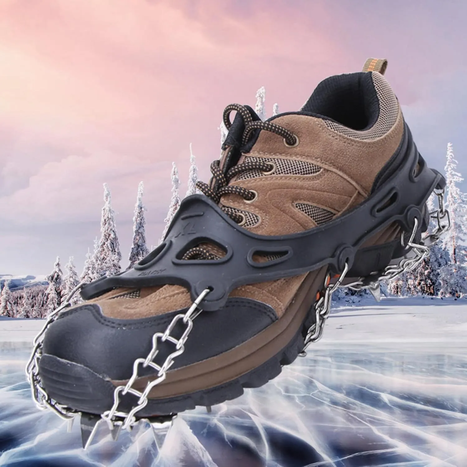 19 Teeth Anti Slip Climbing Crampons, Stainless Steel Shoe Grips with Spikes for Snow Ice, Durable Spike Shoes Covers for Outdoor Cleats, Safety and Stability