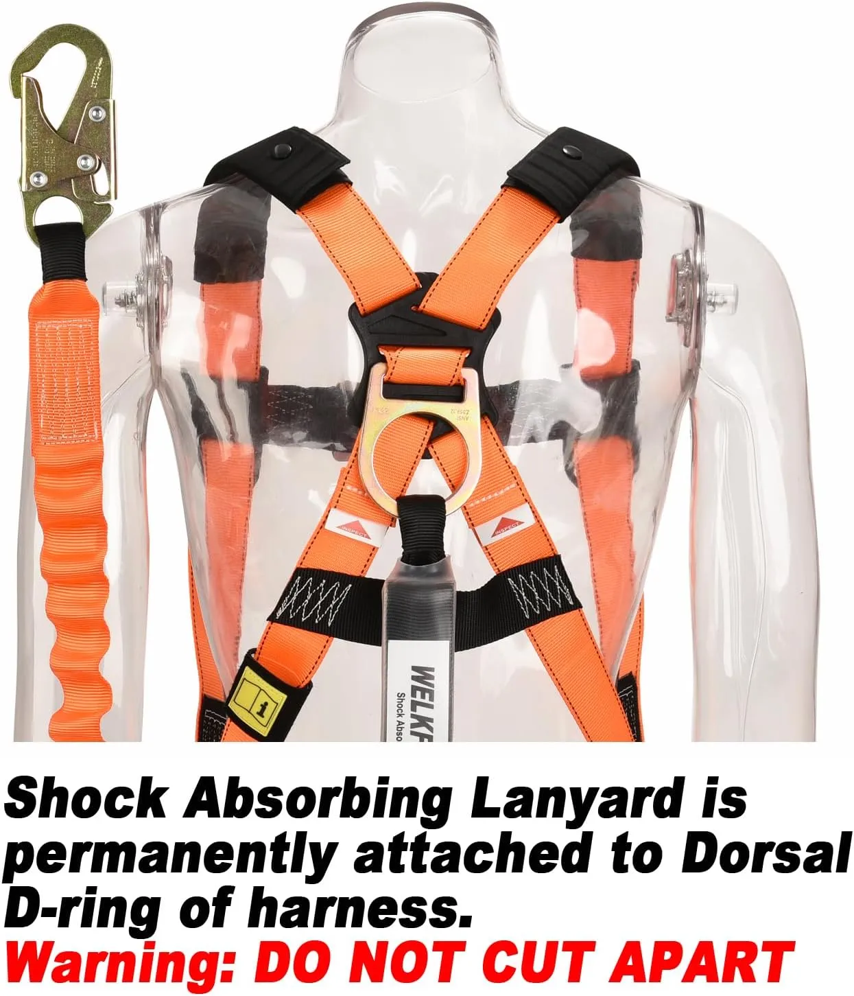 1D-Ring Industrial Fall Protection Safety Harness with 6-Foot Shock Absorber Stretchable Lanyard | Permanent attached Kit | ANSI Compliant Personal Fall Arrest System(PFAS)