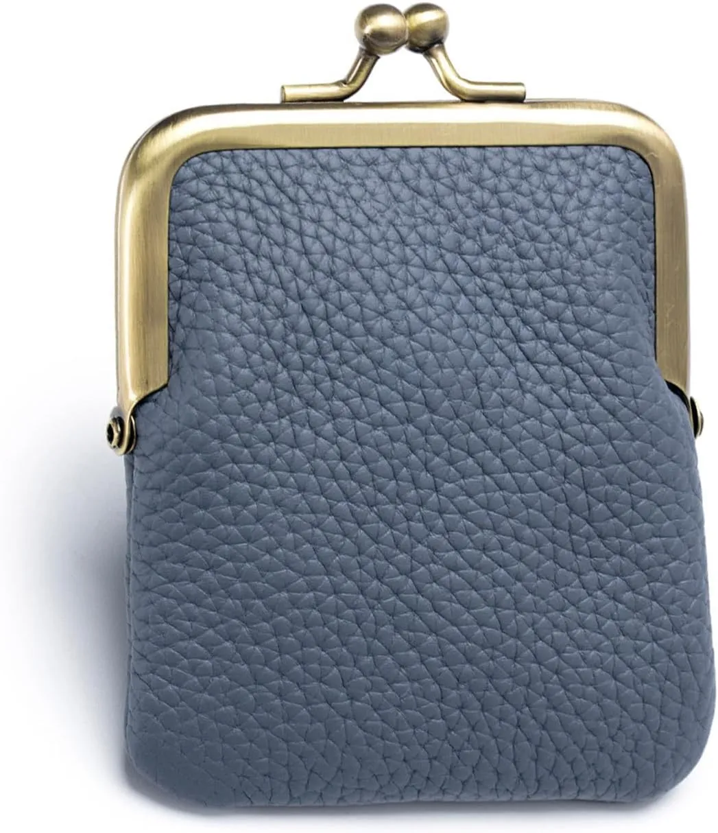 1Pcs Vintage Coin Purse Kissing Lock Wallet Coin Organizer Buckle Kissing Lock Coin Purse Leather Coin Clip for Men & Women (Denim Blue)