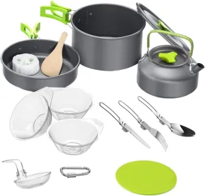 1Set Outdoor Cooking Camping Cookware Kit with Non Stick Pots Frying Pan Teapot Cutlery Bowls Lightweight Portable Durable Cooking Equipment for Hiking Picnic