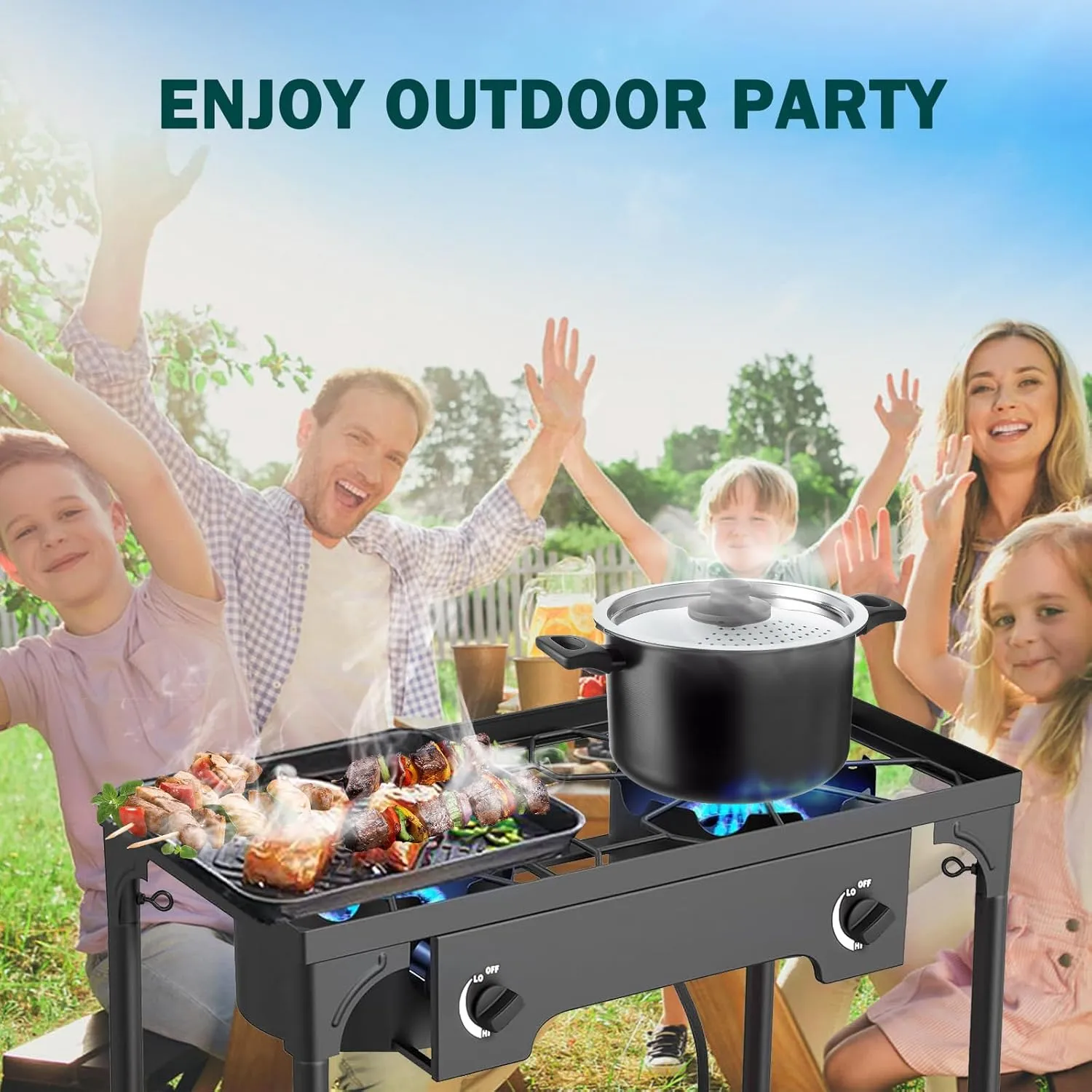 2 Burner Outdoor Gas Stove, 150,000BTU Propane Burners for Outdoor Cooking with 0-20 PSI Adjustable Regulator and 4ft Hose, Outdoor Cooking Stove for Patio Backyard Camping with Detachable Stand Legs