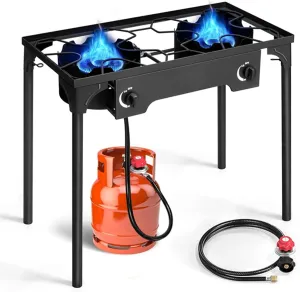 2-Burner Outdoor Propane Gas Stove, Portable Camping Stove Propane Camping Stove High Fire Power Suitable for Backyard Kitchen, Camping Grill, Hiking Cooking, Outdoor Leisure
