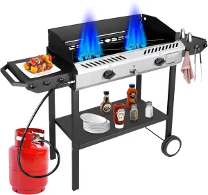 2 Burner Propane Stove Outdoor Camping Gas Stoves 150,000 BTU Auto Ignition with Regulator and Side Shelves Perfect for Patio Home Cooking and Frying