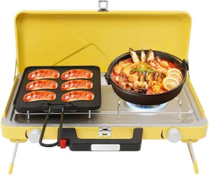 2-in-1 Burner Portable Camping Stove Methane Camping Stove for Outdoor Use with Two Independent Stepless Fire Adjustment Knobs for Outdoor Picnics Hiking Caravans Motorhomes Etc (Yellow)