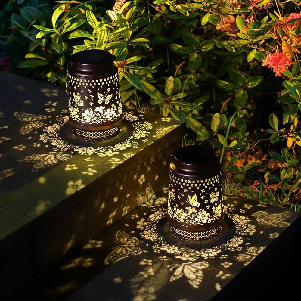 2 Pack Butterfly Outdoor Solar Hanging Lanterns Waterproof LED Solar Lights Metal Decorative Lanterns for Garden, Patio, Courtyard, Backyard, Yard Decor Unique Hummingbird Gifts for Women