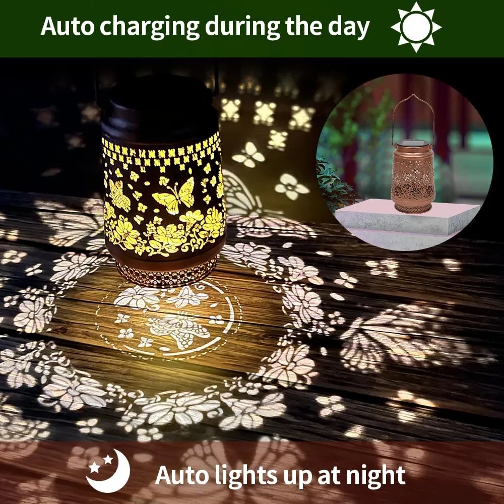 2 Pack Butterfly Outdoor Solar Hanging Lanterns Waterproof LED Solar Lights Metal Decorative Lanterns for Garden, Patio, Courtyard, Backyard, Yard Decor Unique Hummingbird Gifts for Women