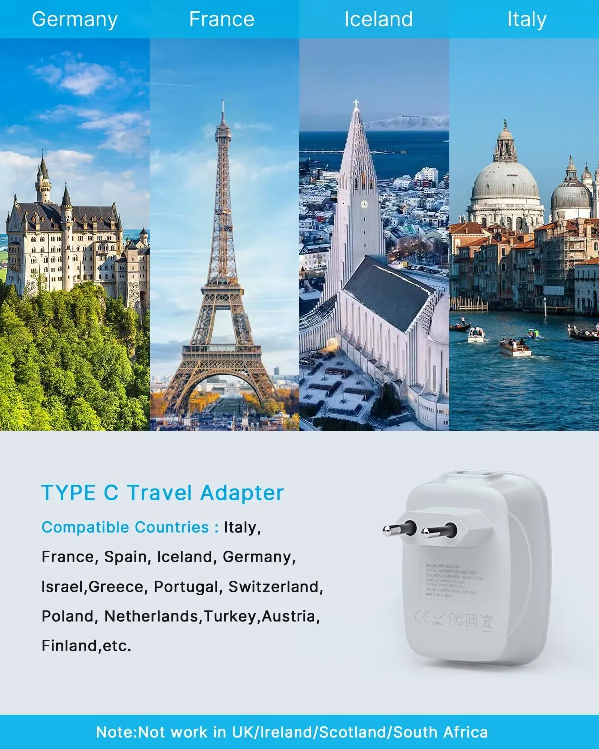 2 Pack European Travel Plug Adapter, VINTAR International Power Plug Adapter with 1 USB C, 2 American Outlets and 3 USB Ports, 6 in 1 Travel Essentials to Most of Europe Greece, Italy(Type C)