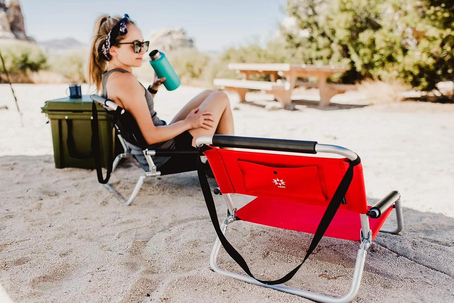 2 Pack of Neso Lightweight Water Resistant Beach Chairs with Shoulder Strap and Slip Pocket - Folds Thin (Lehua Red)